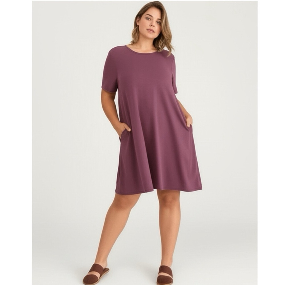 New Zenana Casual Travelers Dress Women's Size L Flare Short Sleeve Eggplant - Picture 2 of 9